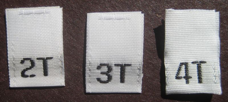 1000 pcs MIXED CHILDREN CLOTHING LABELS, TODDLER SIZE - 2T, 3T, 4T (333pcs each)