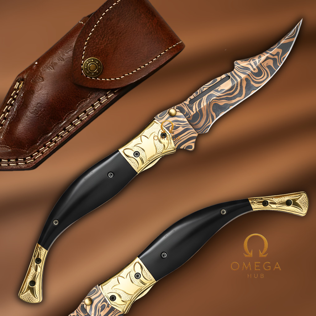 Handmade Copper Damascus Folding Knife 7.5” Black Horn Handle Pocket Knife