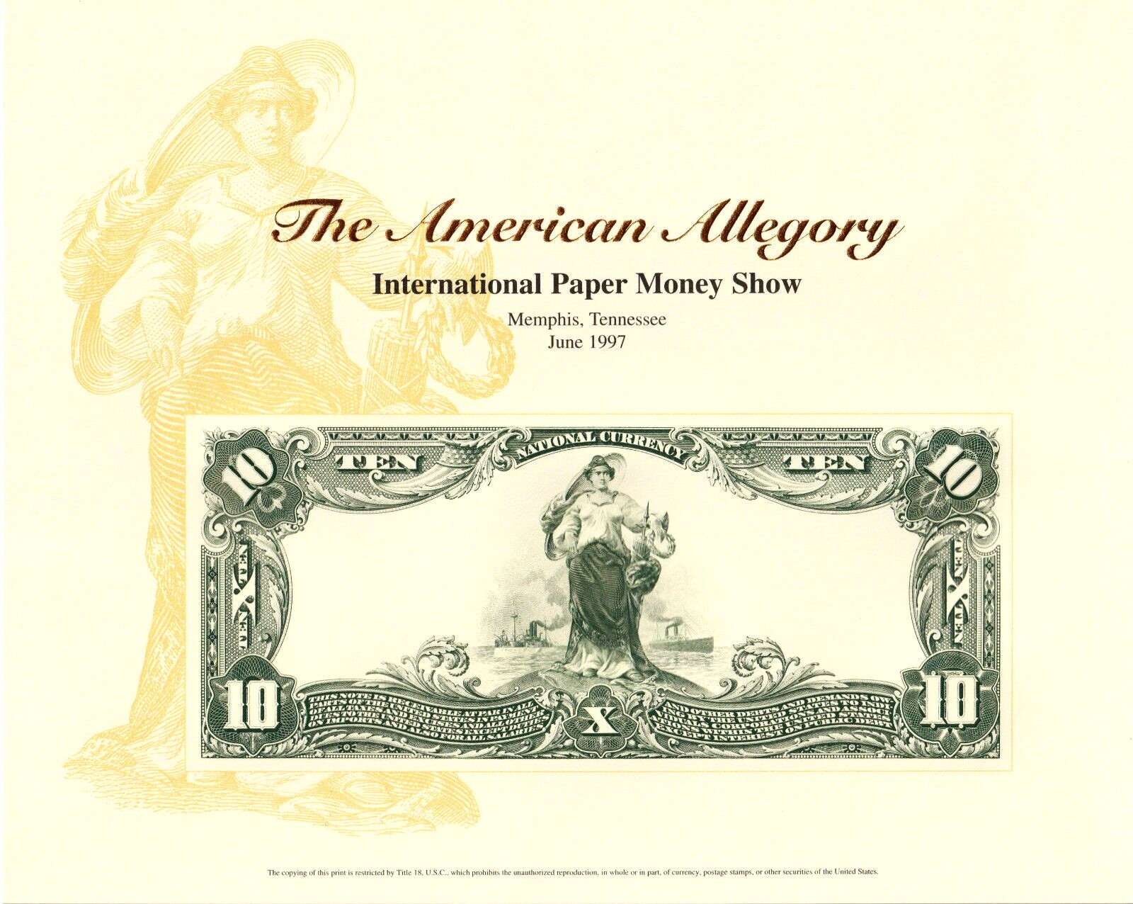 USA BEP SOUVENIR CARD  B219 1997 IPMS Memphis $10 NATIONAL BANK NOTE 1902