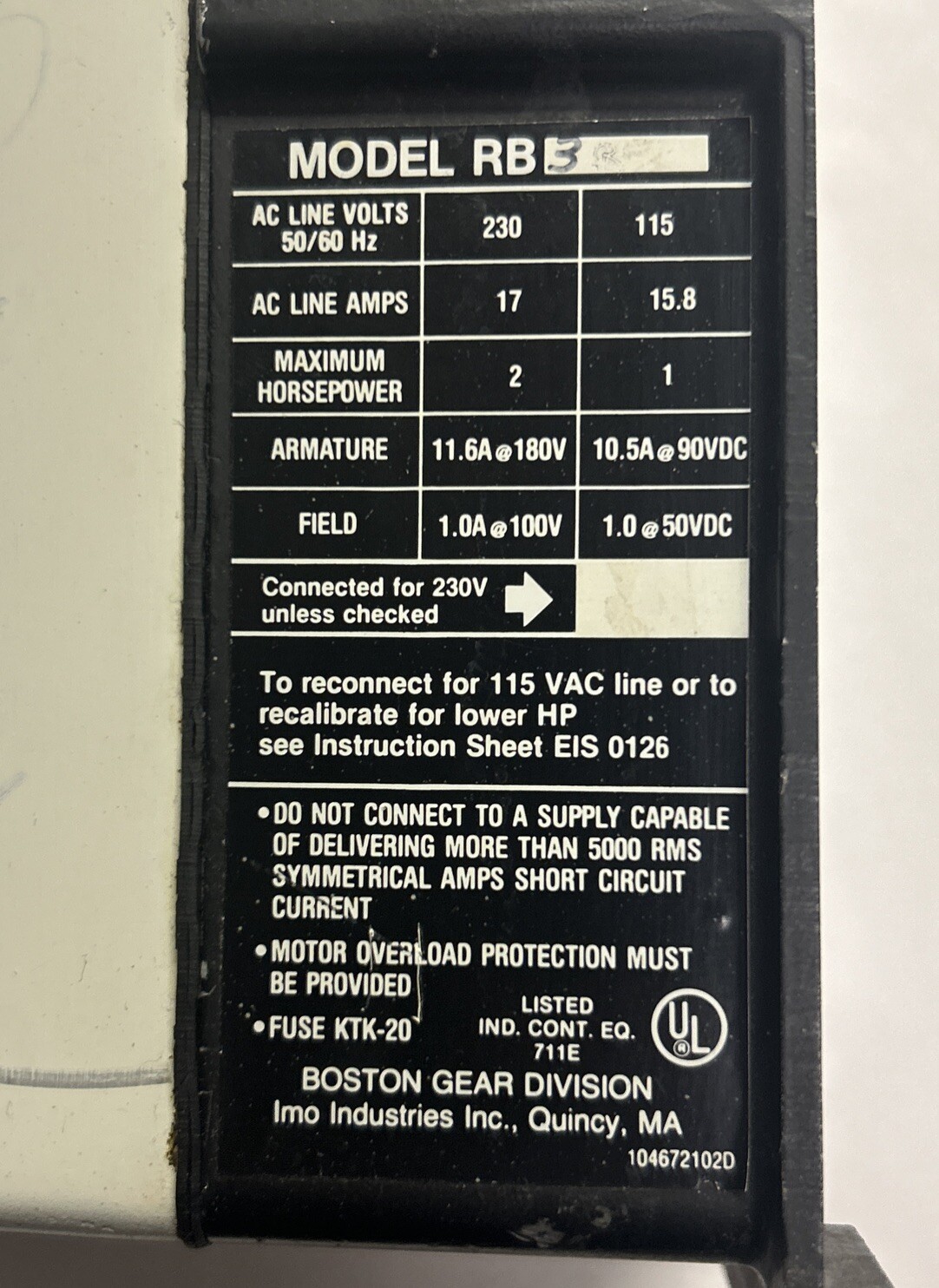 BOSTON GEAR,RB3R,DC MOTOR CONTROL 1-2HP REFURBISHED
