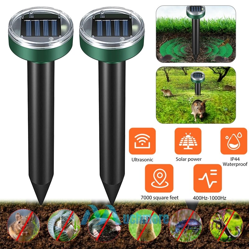 2Pack 7000ft Solar Ultrasonic Animal Repeller Mice Snake Mole Fox Deer Deterrent