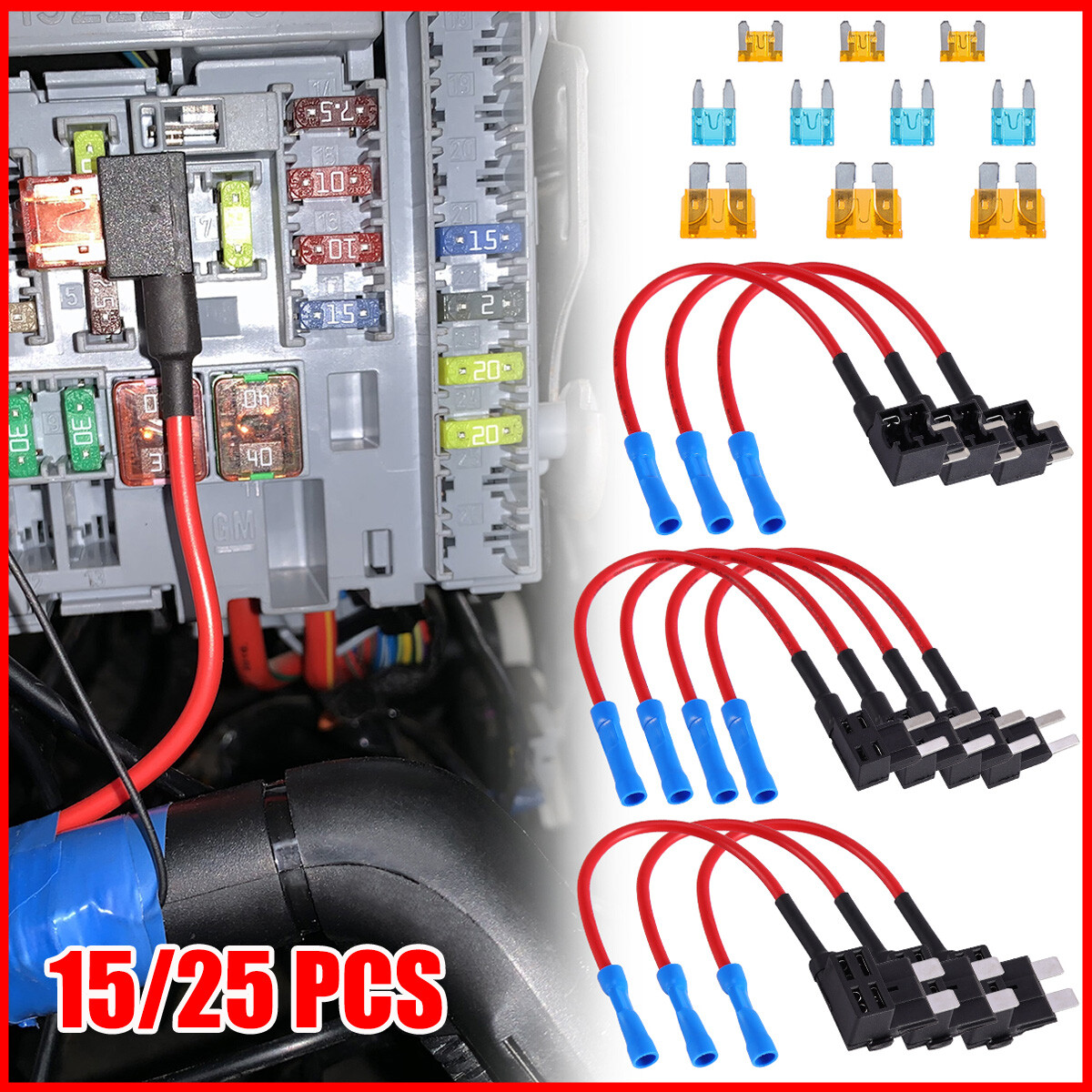 12V Fuse Tap Car Add-a-Circuit Adapter and Fuse Kit Mini ATM APM 5 15 20 AMP