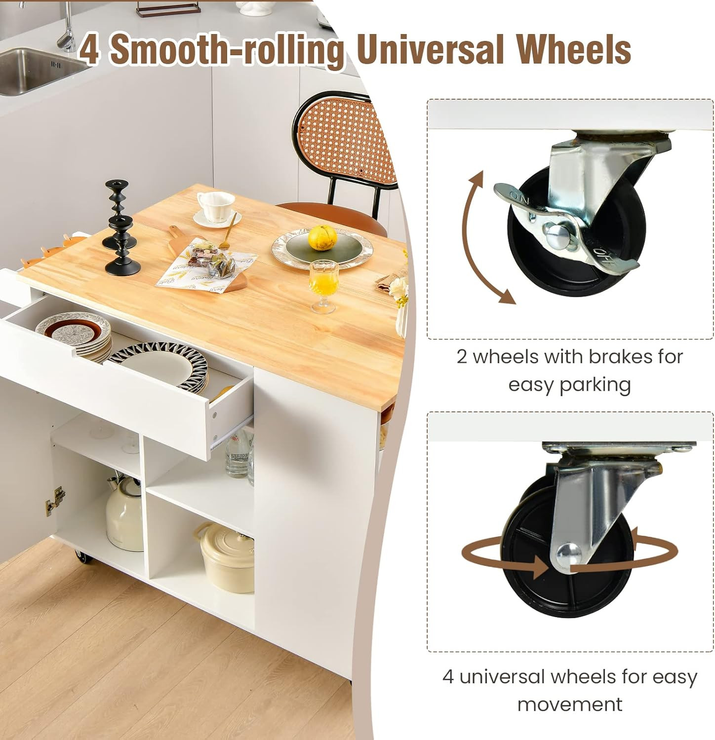 White Kitchen Island Cart with Drop-Leaf, Shelves & Rolling Wheels