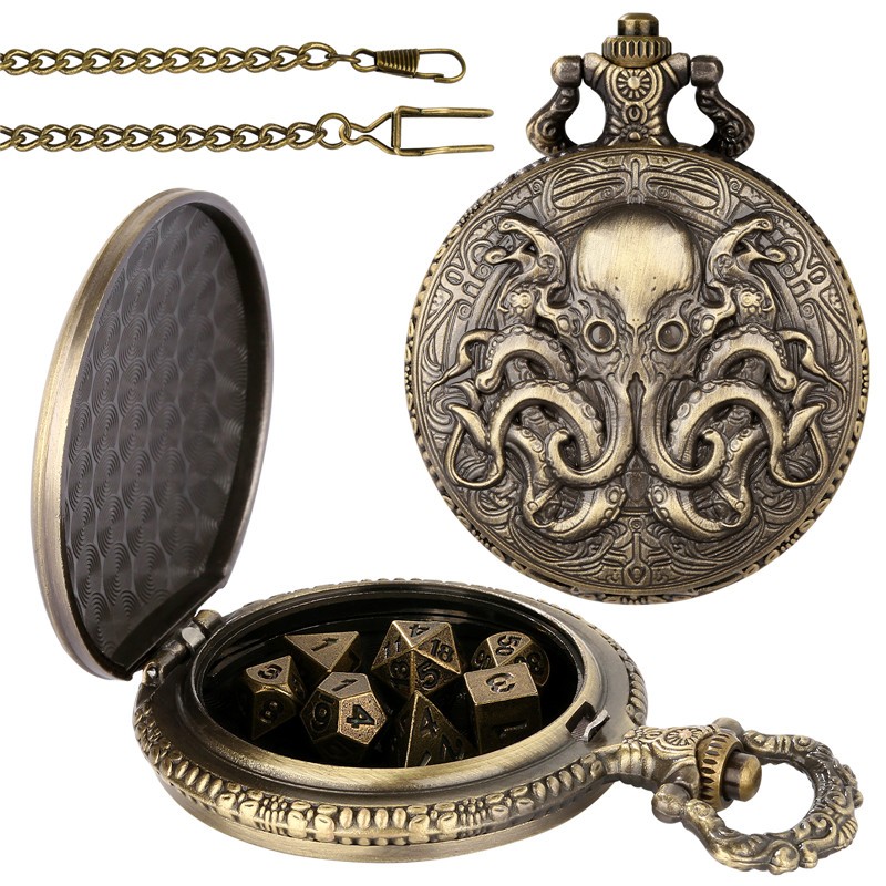 7pcs Solid Metal Polyhedral RPG Dice in Octopus Pocket Watch Case Bronze Gift