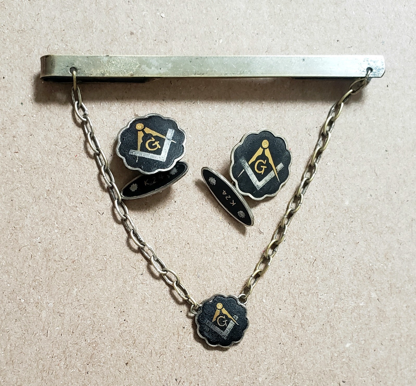 VTG DAMASCENE Japan MASONIC/FREEMASONS Cuff Links Tie Clip Set K-24