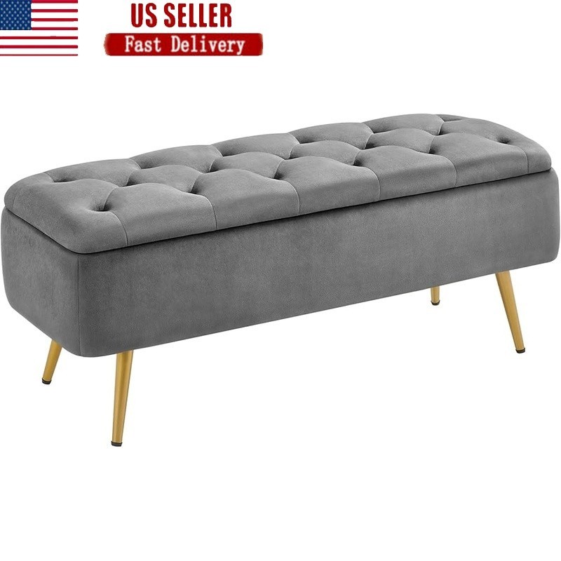 Tufted Velvet Storage Bench Ottoman Footrest Living Room Entryway Bedroom Gray