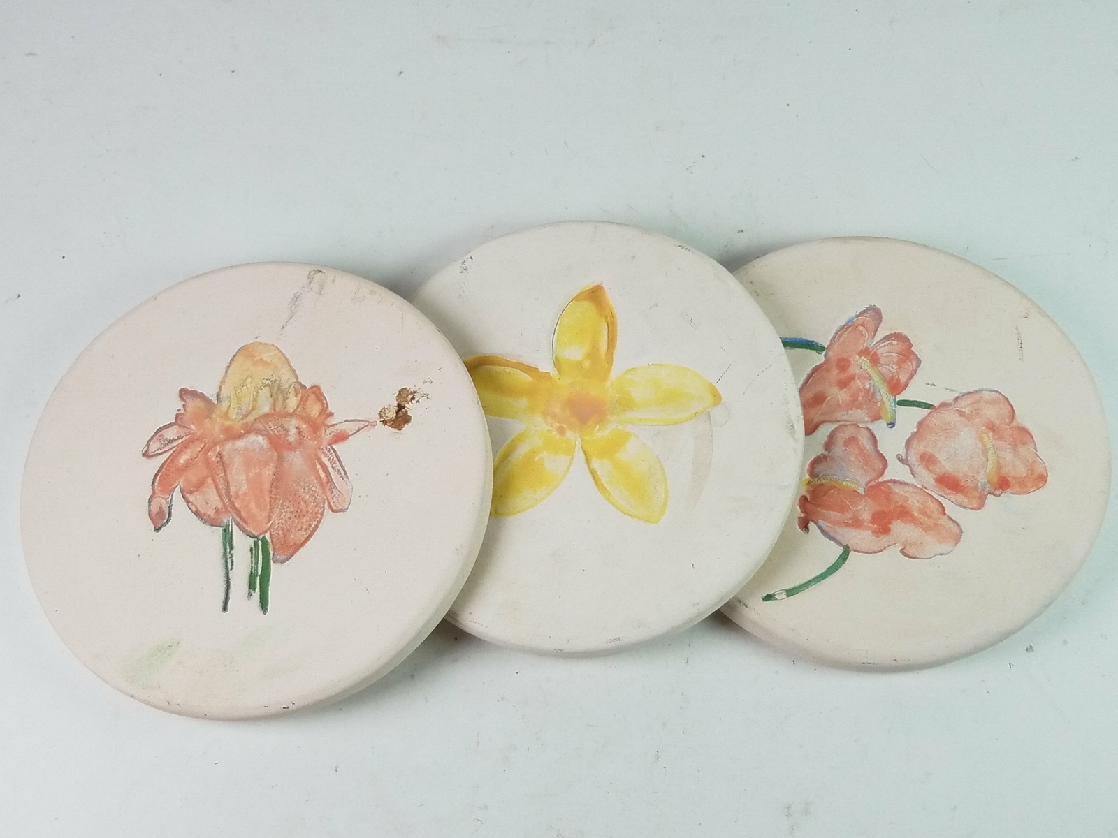 Round Floral Painted Coasters 3 Pieces