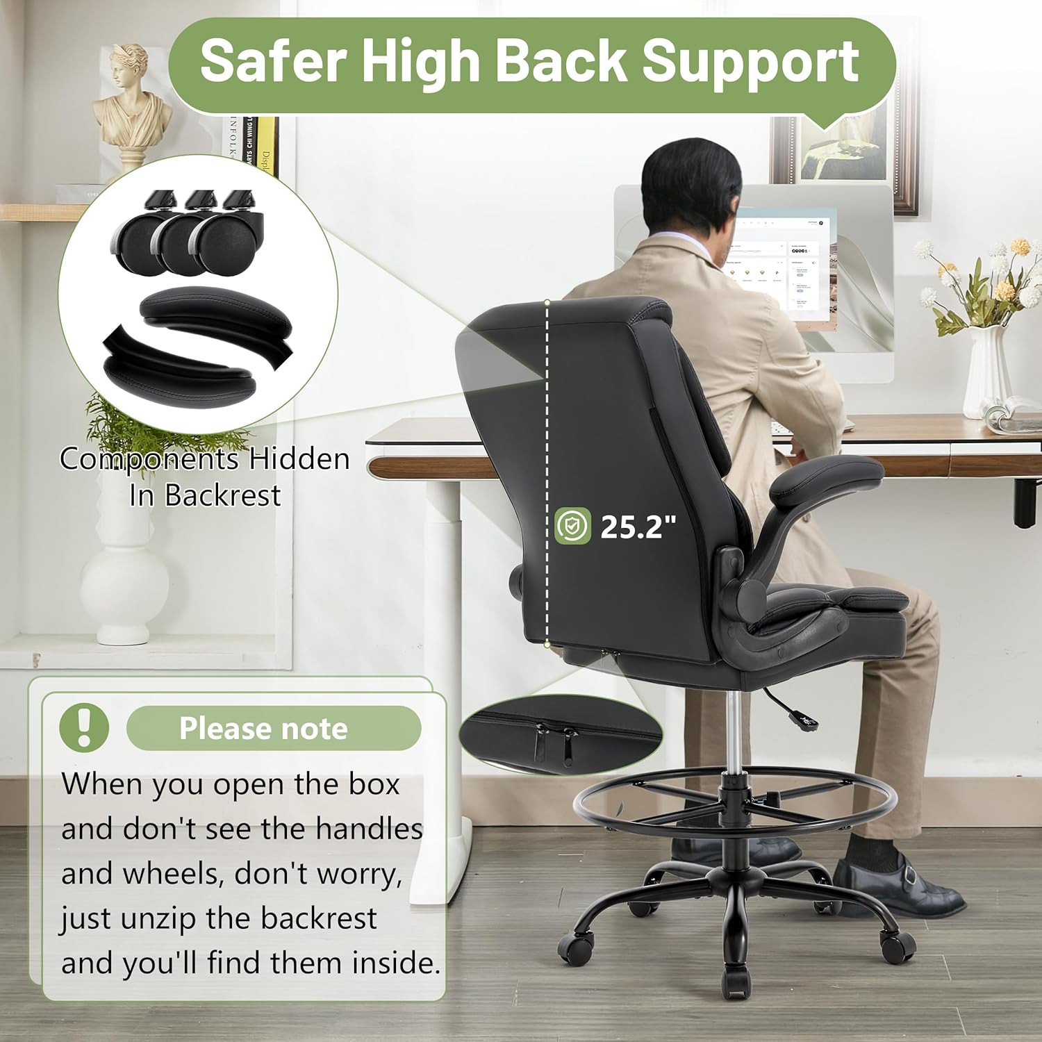 500LBS Drafting Chair, High Back Safer Standing Desk Chair, Executive Tall Offic