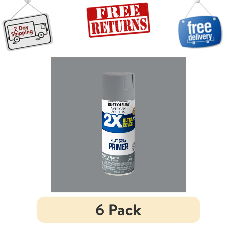6 Pack Rust-Oleum Gray Primer Spray Paint, 2X Ultra Cover Flat 12oz, Base Coat