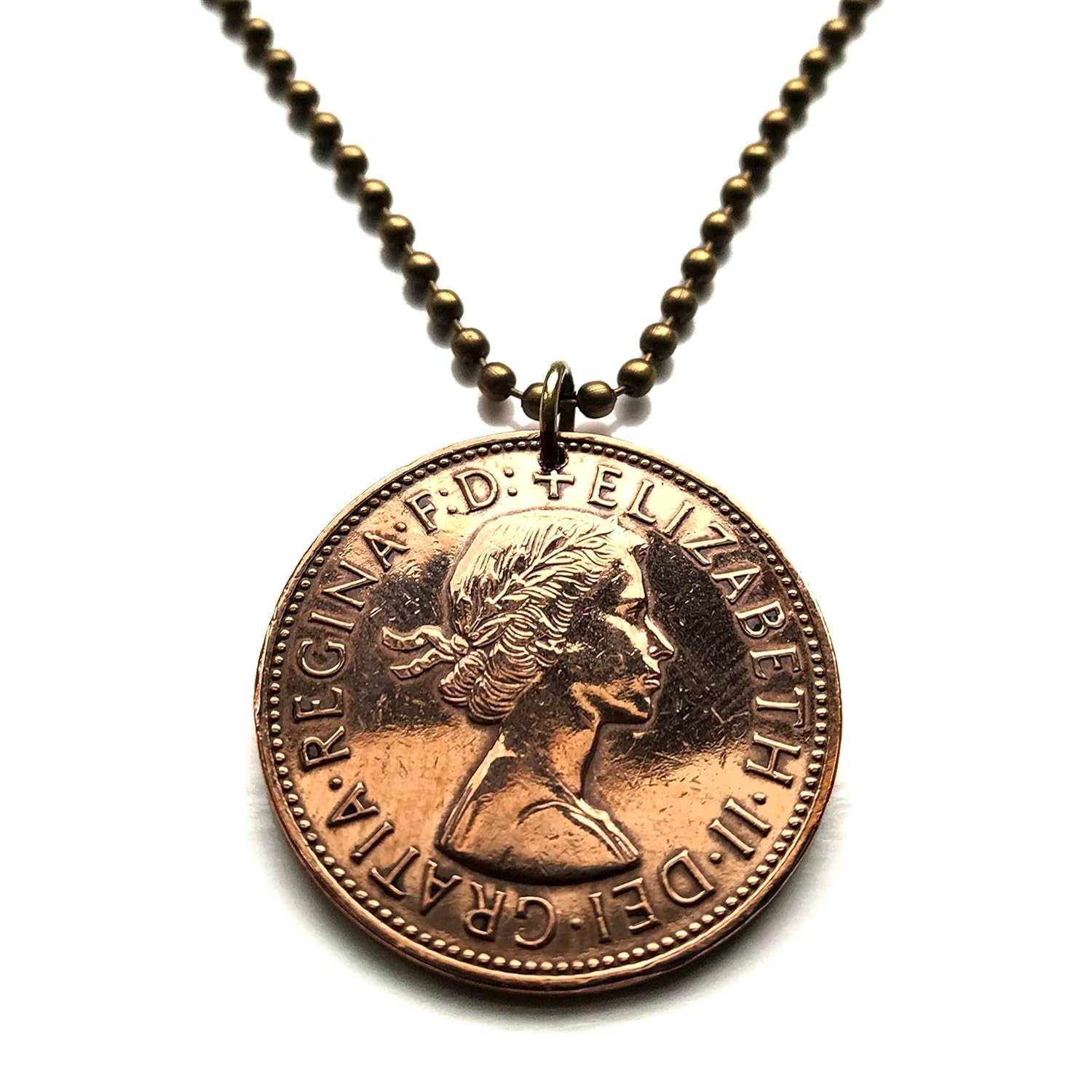 1965 United Kingdom Great Britain Penny coin pendant Her Majesty Queen Elizab...