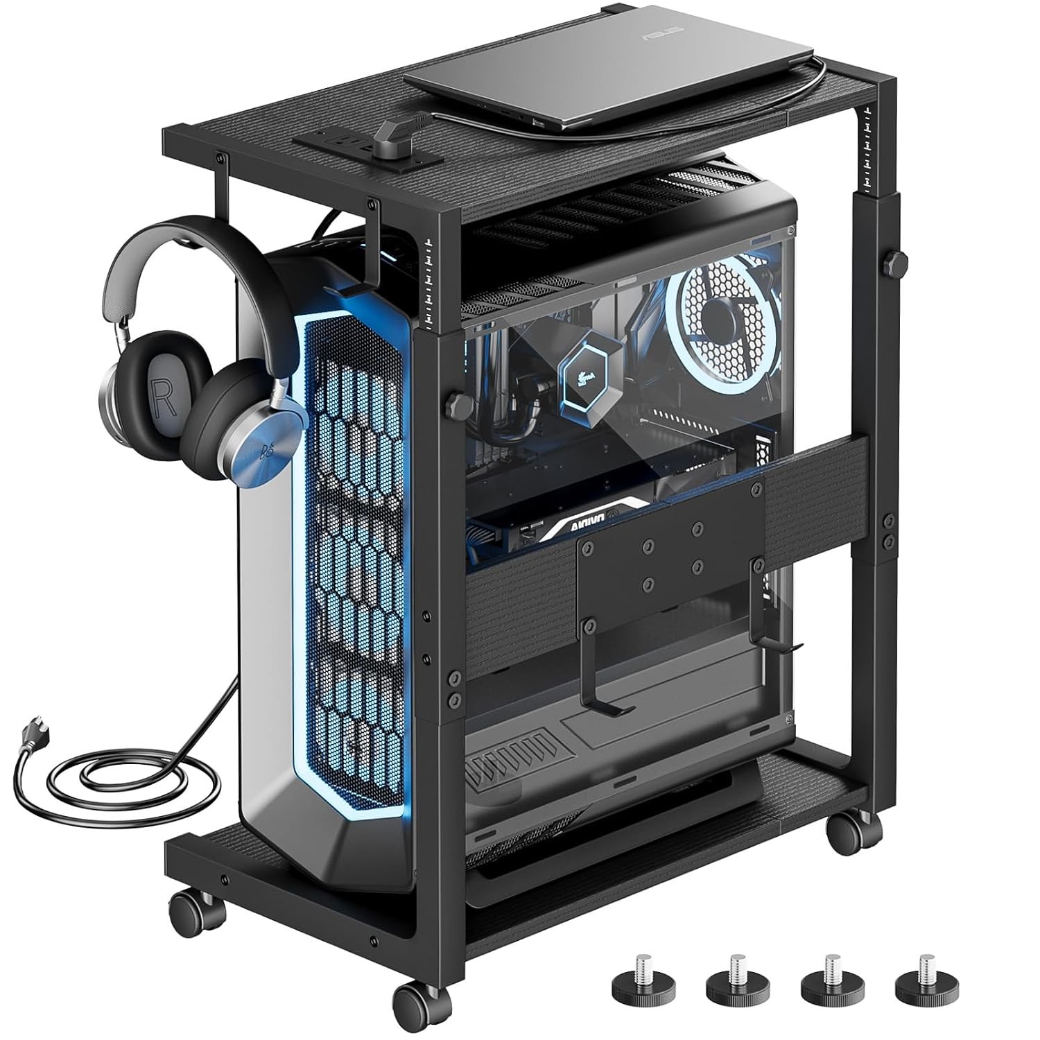Adjustable Computer Tower Stand CPU Holder Cart with 3 Tier Desk Organizer