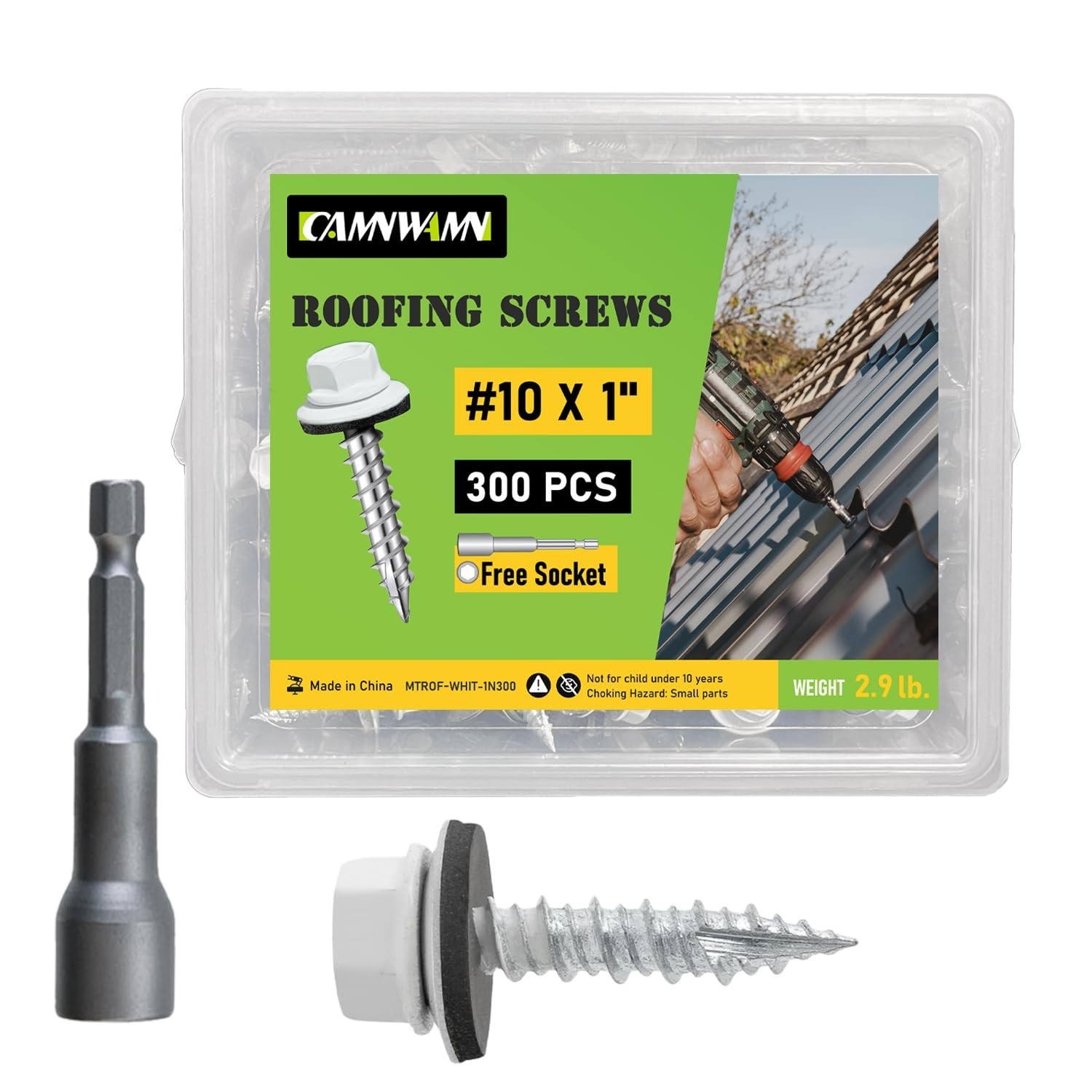 300 Pcs, #10 x 1 Inch White Painted Hex Head Metal Roofing Screws, Sharp Poin...
