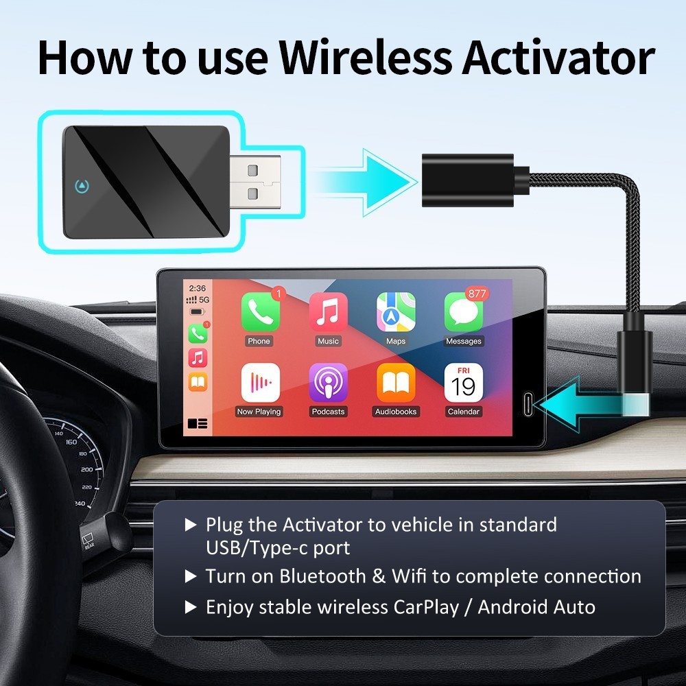 USB Wireless CarPlay Adapter for Apple iPhone & Android Auto Dongle Plug ＆ Play