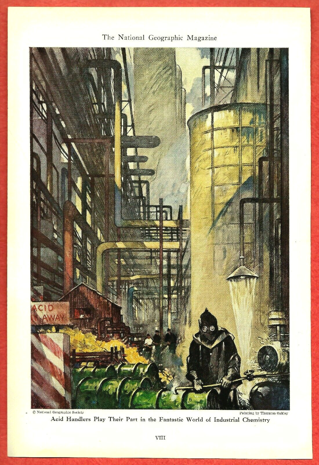 1945 Illustration~ THORNTON OAKLEY ~Acid Handlers, World of Industrial Chemistry