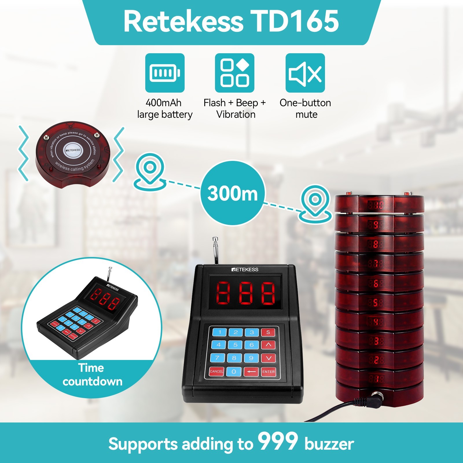 Retekess TD165 Pagers for Restaurants Wireless Pager System 10 Buzzers