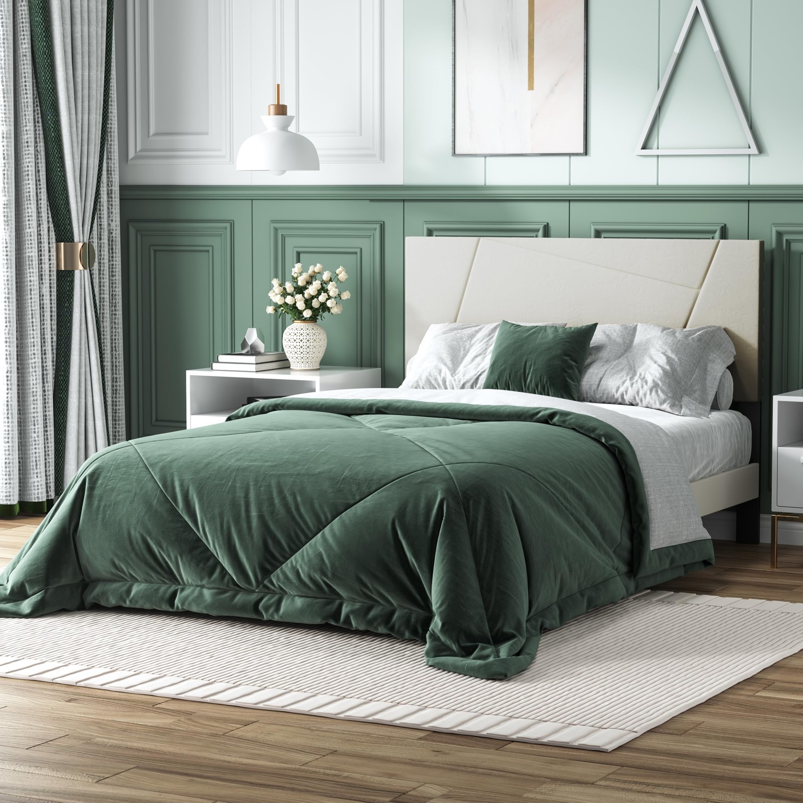 Full Size Bed Frame Platform with Velvet Upholstered Headboard, Geometric, St...