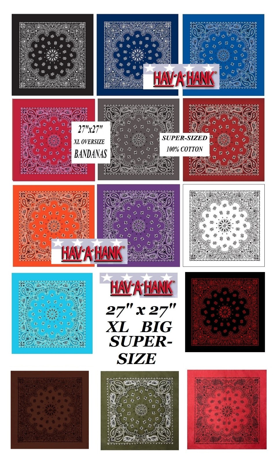 Hav-A-Hank XL SUPER SIZE OVERSIZE 27" PAISLEY BANDANA Head Neck Scarf Face Mask