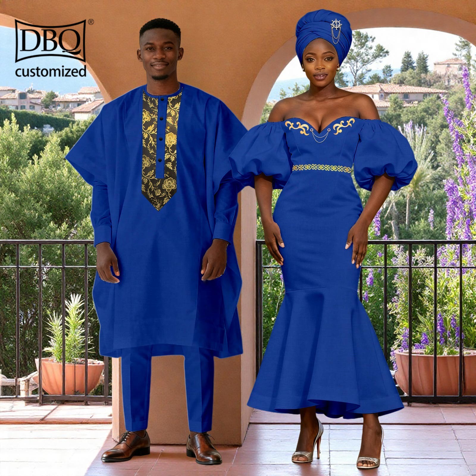 African Couple Clothes Men's Agbada Shirt Pants Set Women Dress with Headwrap