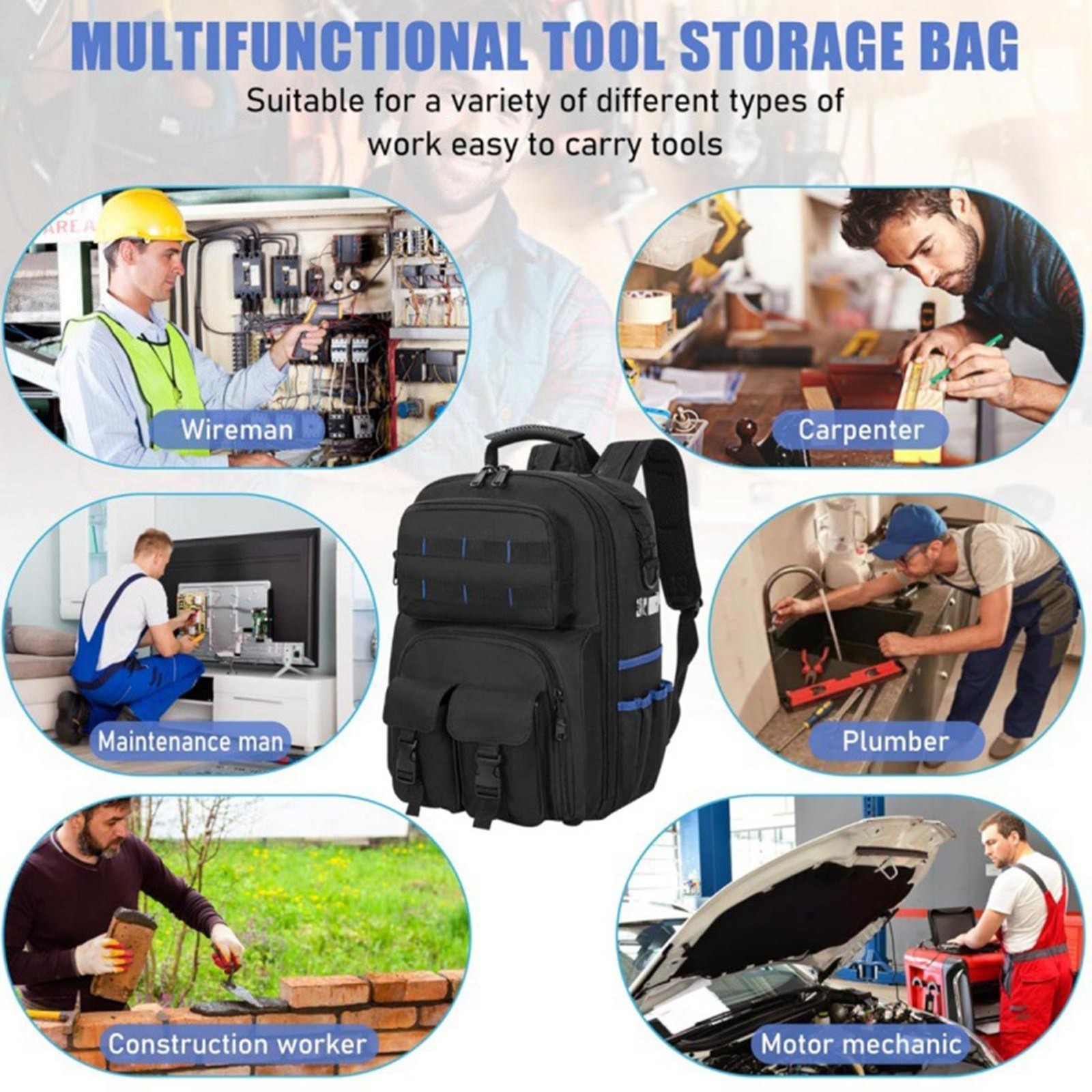 Heavy Duty Tool Backpack for Men – Multi-Pocket Work Bag for Electricians & Tech