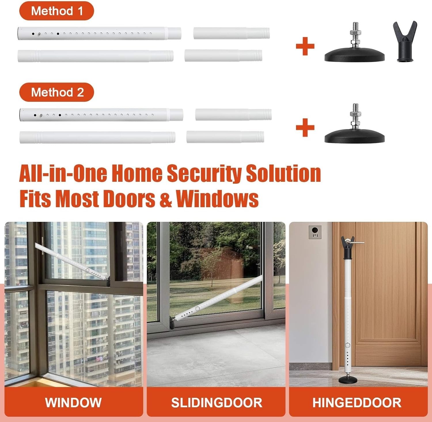 2-Pack Heavy-Duty Door Security Bars with 360° Pivoting Base - Total Protection