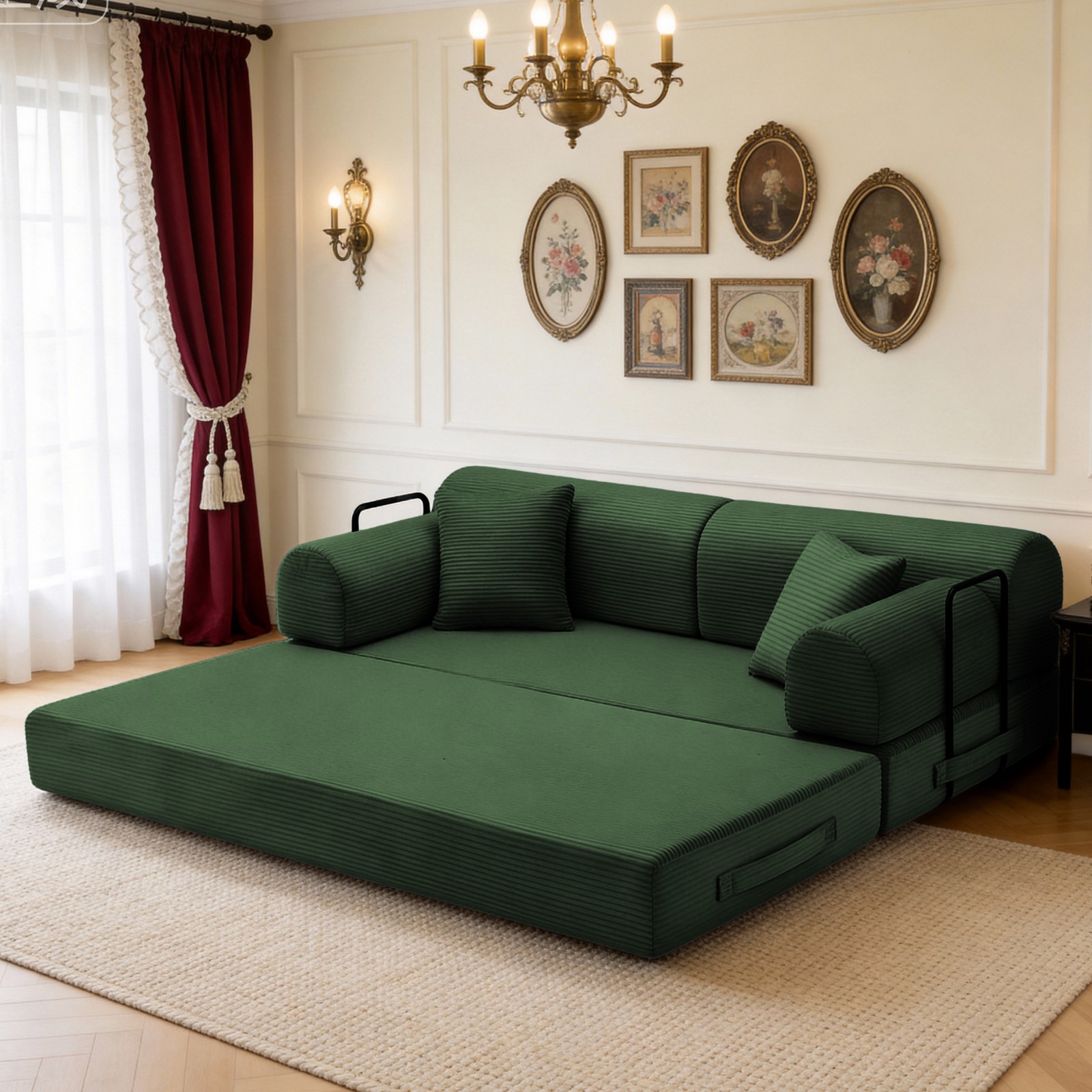 Convertible Sleeper Sofa Bed, Corduroy Folding Couch, Dark Green