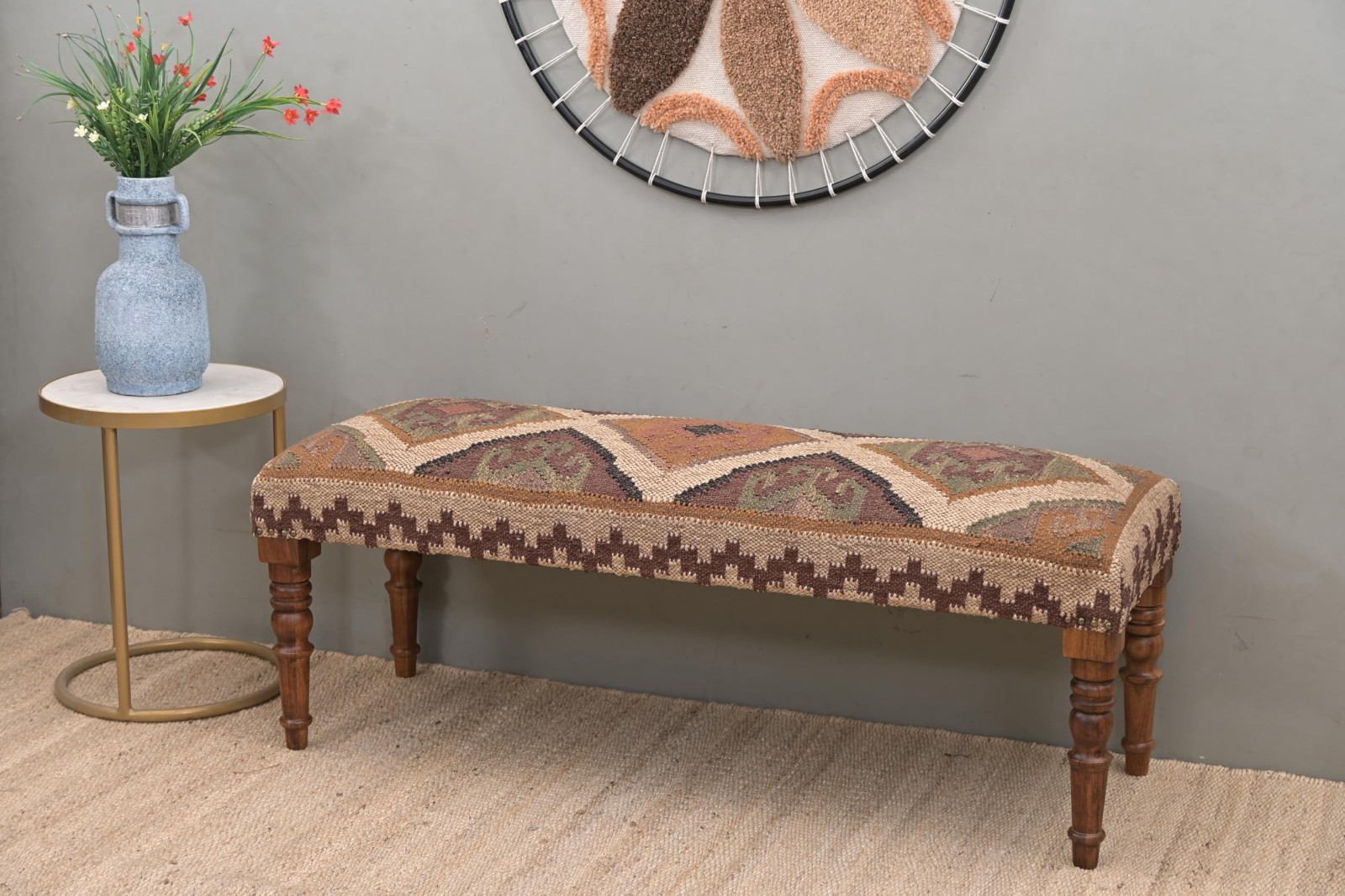 NATURAL FURNISH Acacia Wood Kilim Jute Upholstered Bench Ottoman for Home, Beige