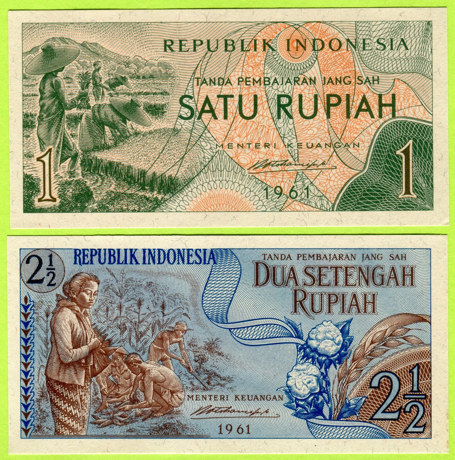 Indonesia 1, 2 1/2 Rupiah 1961 P78 79 UNC