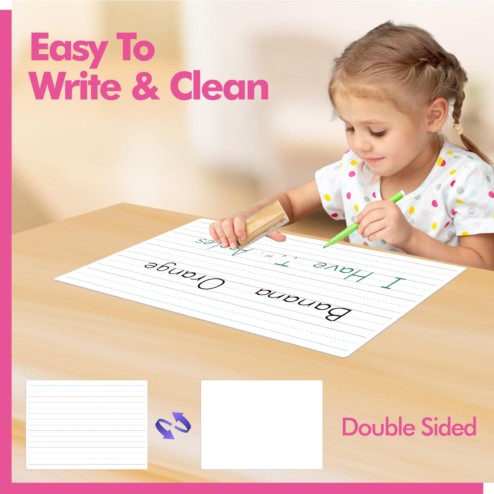 8 Sheets Dry Erase Lined Whiteboard, Double Sided Ruled Writing Board & Handw...