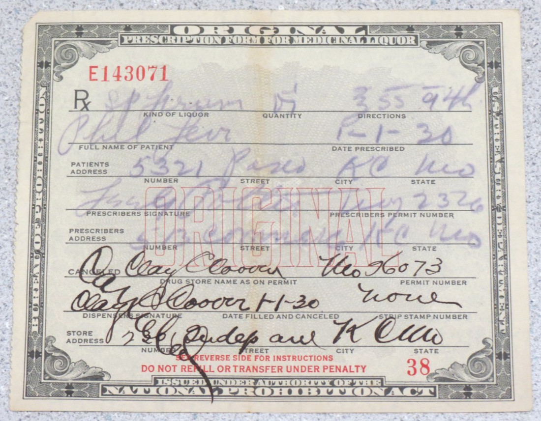 Vintage Prohibition Prescription Medicinal Liquor Alcohol Spirits Missouri 1930