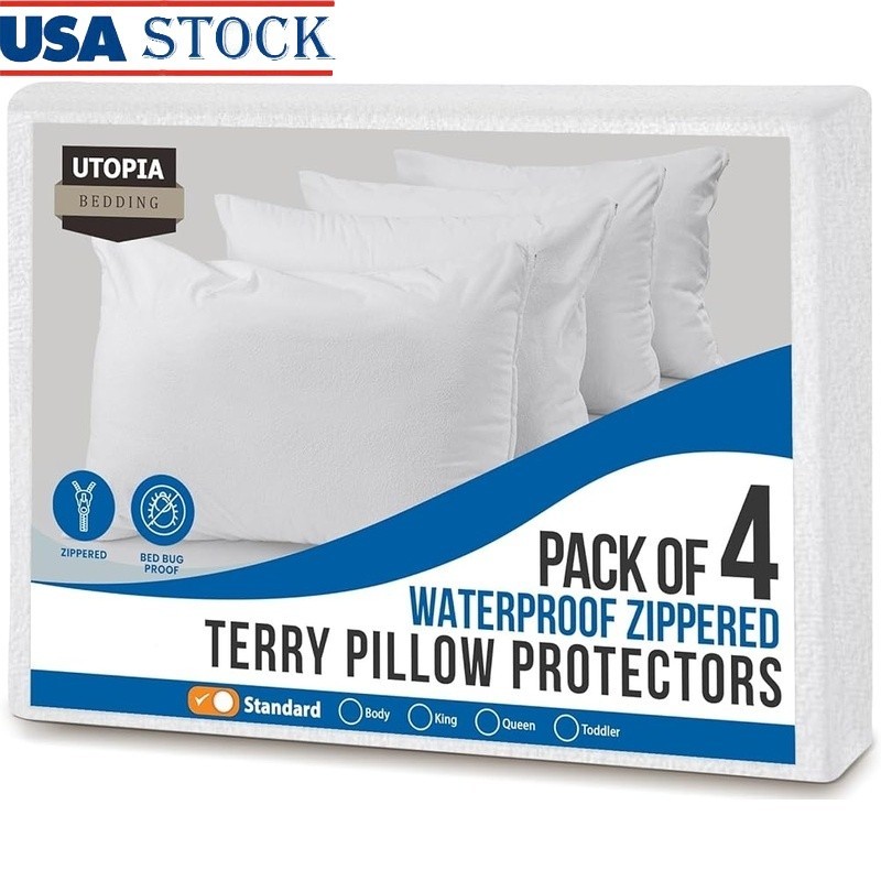 Waterproof Pillow Protectors Terry Fabric Machine Washable with Zipper Closure