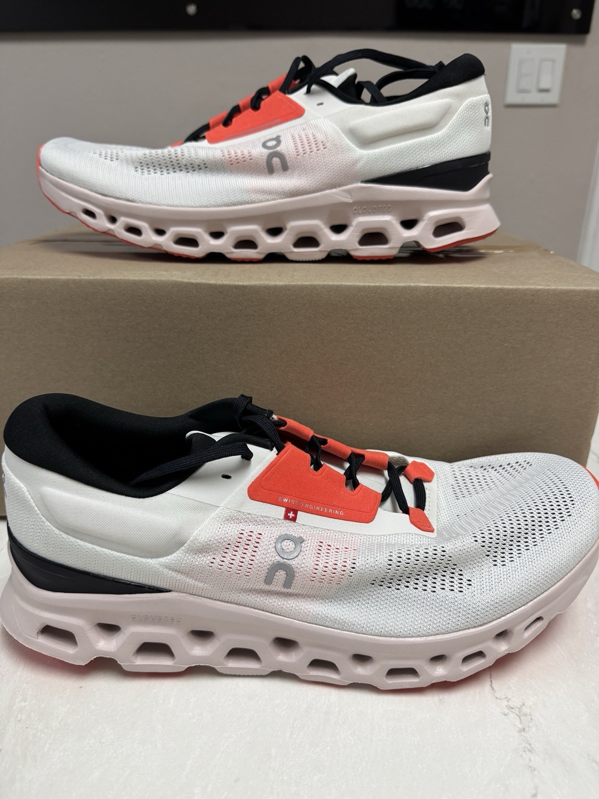 On Cloudstratus Men's Running Shoes White Red Black Textile Breathable US 12.5