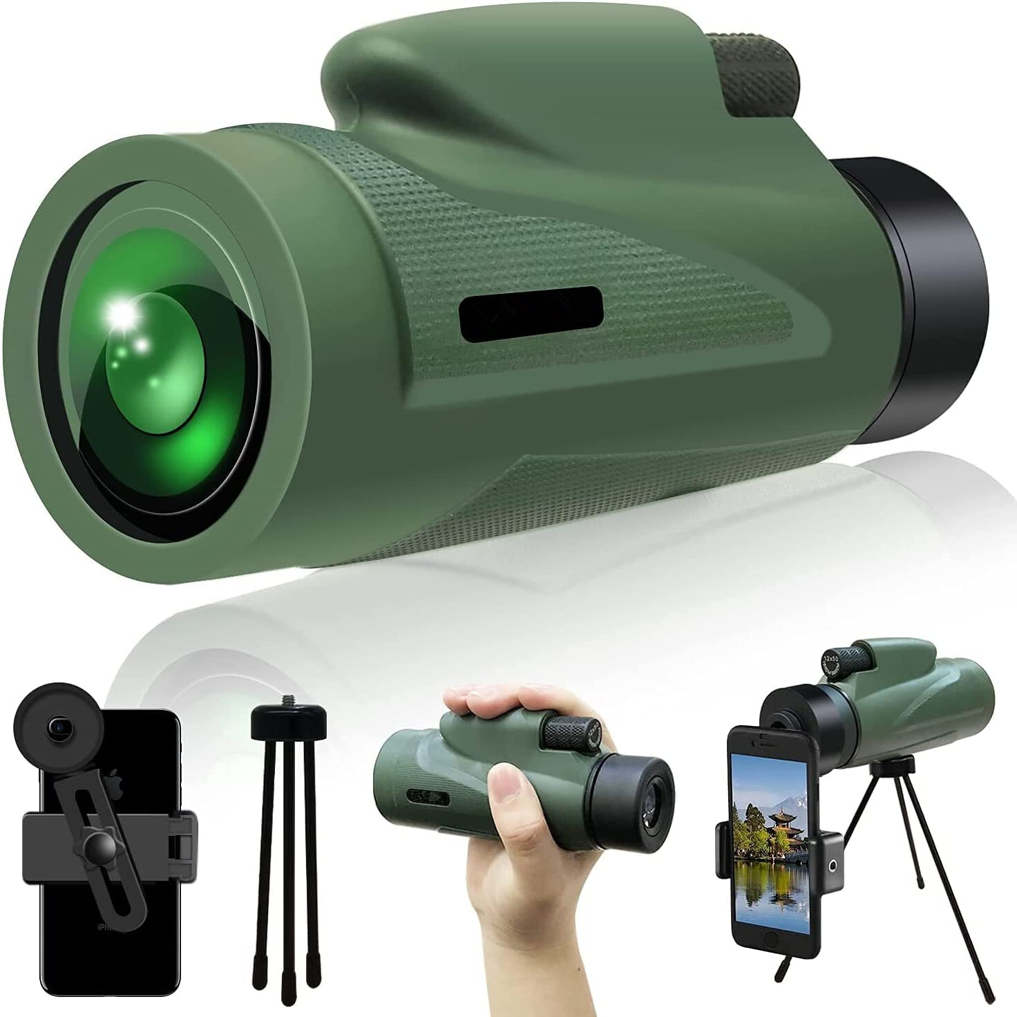 12X50 HD Monocular Telescope with Quick Smartphone Holder,Day & Low Night Vision