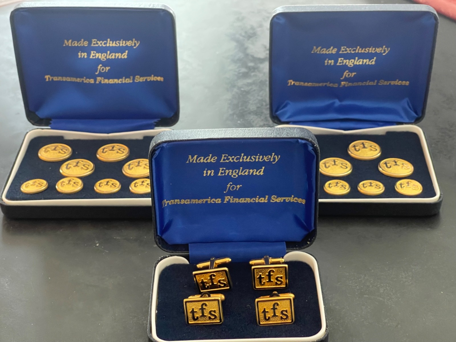 Brass Buttons & Cufflinks with Transamerica Financial Services Initialing