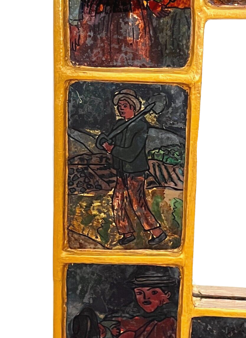 VTG Peruvian Folk Art Reverse Painted Figures 8 Panels Gold Gilt Mirror Frame