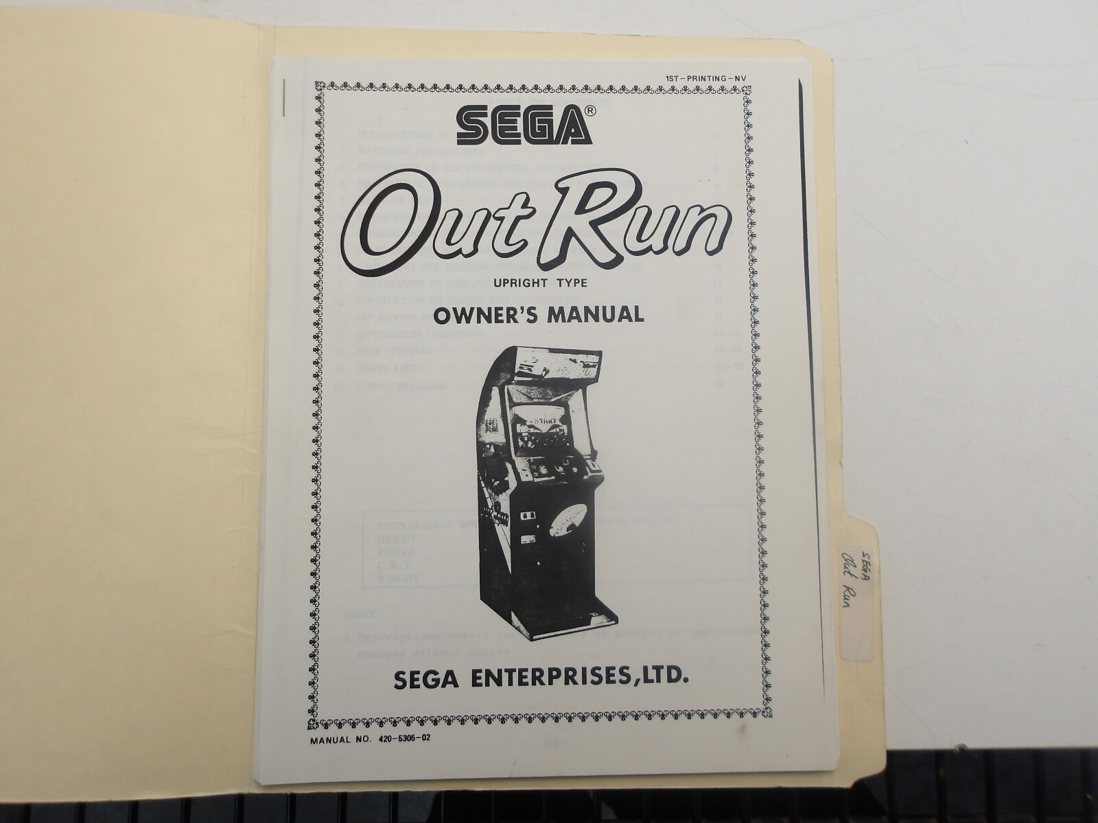 Sega - Out Run Upright-  Owners Manual