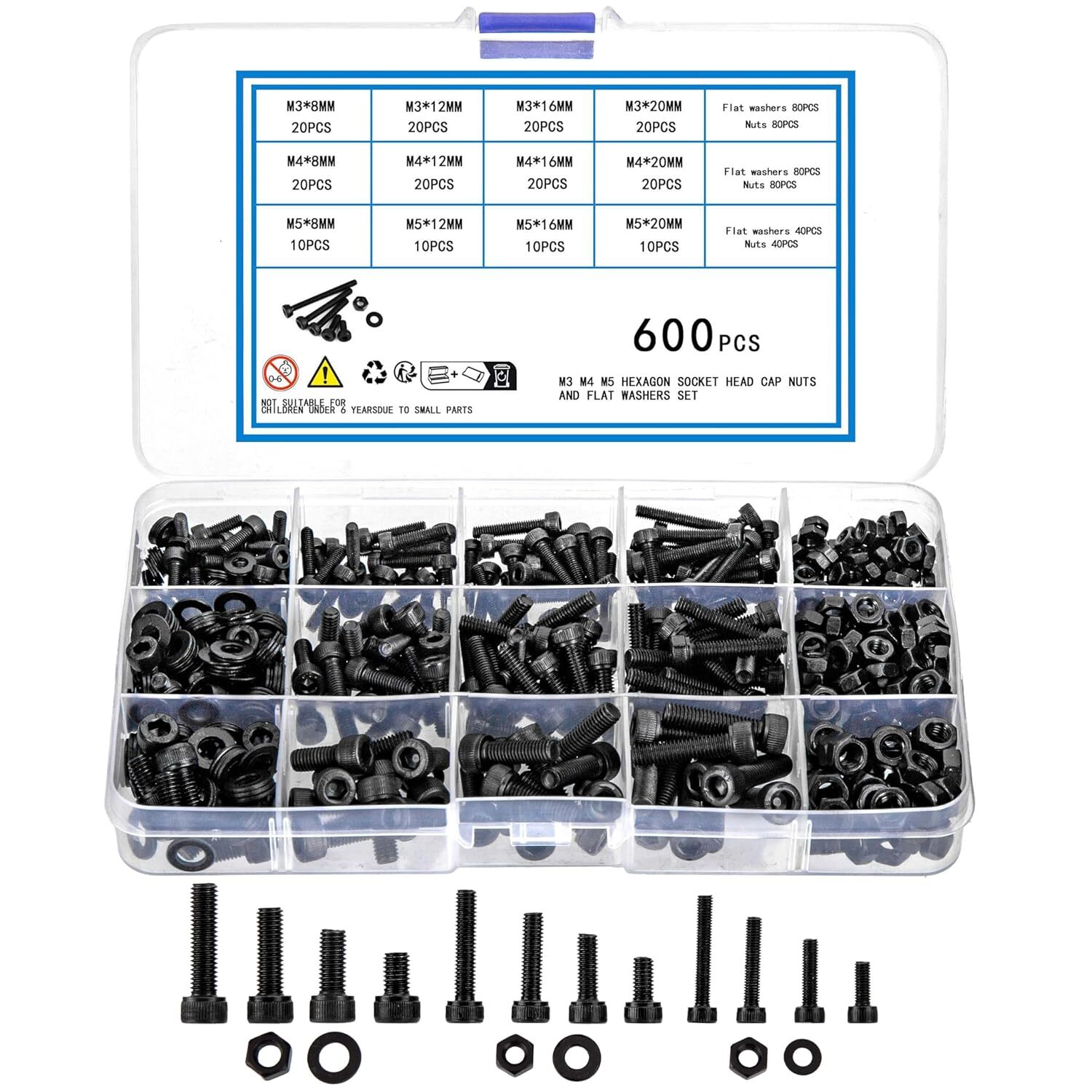 600pcs Metric Screws Bolts,Nuts & Washers Assortment Kit,Hex Socket Head Cap Nut