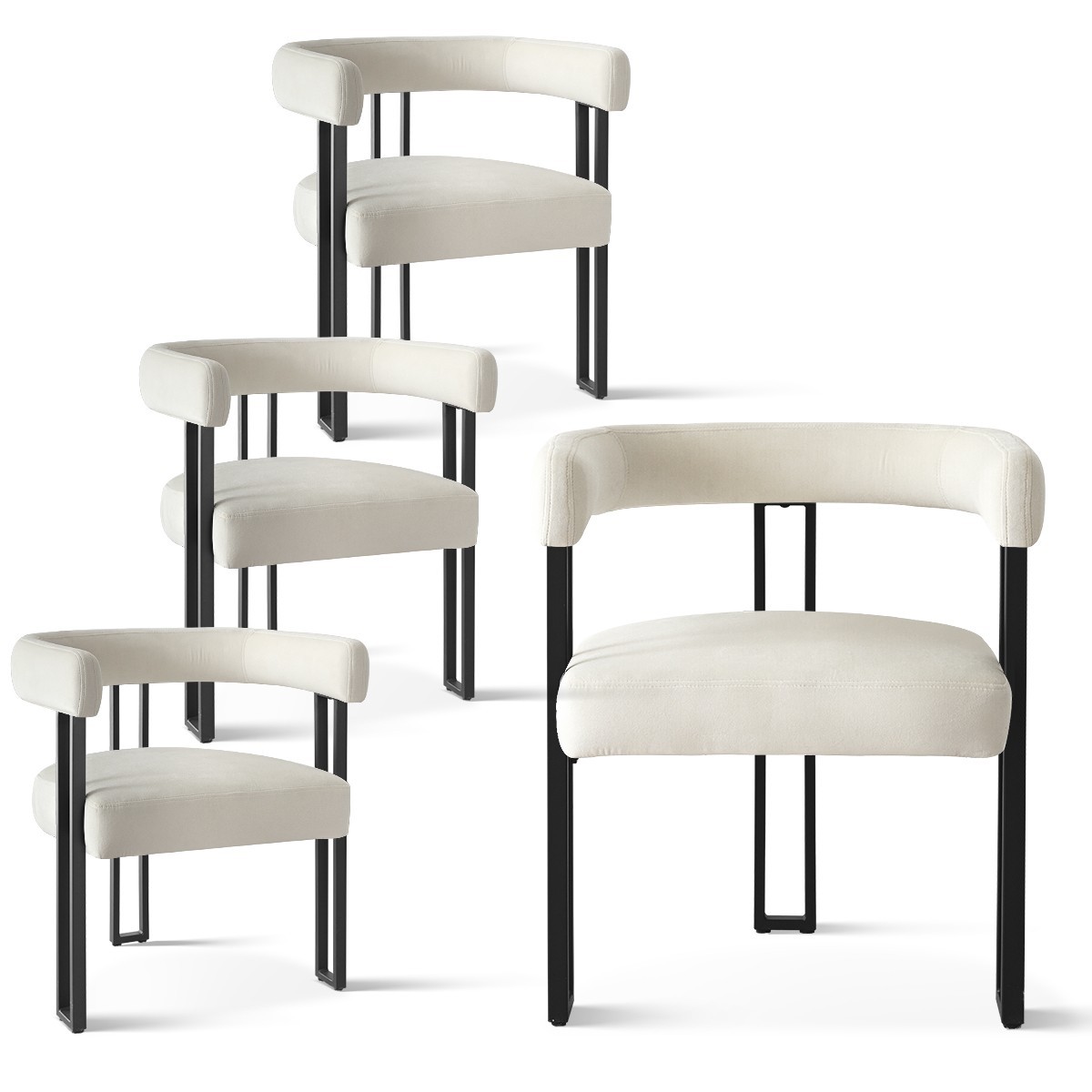 Set of 4 Velvet Dining Chairs with Arms Curved Back and Black Metal Legs