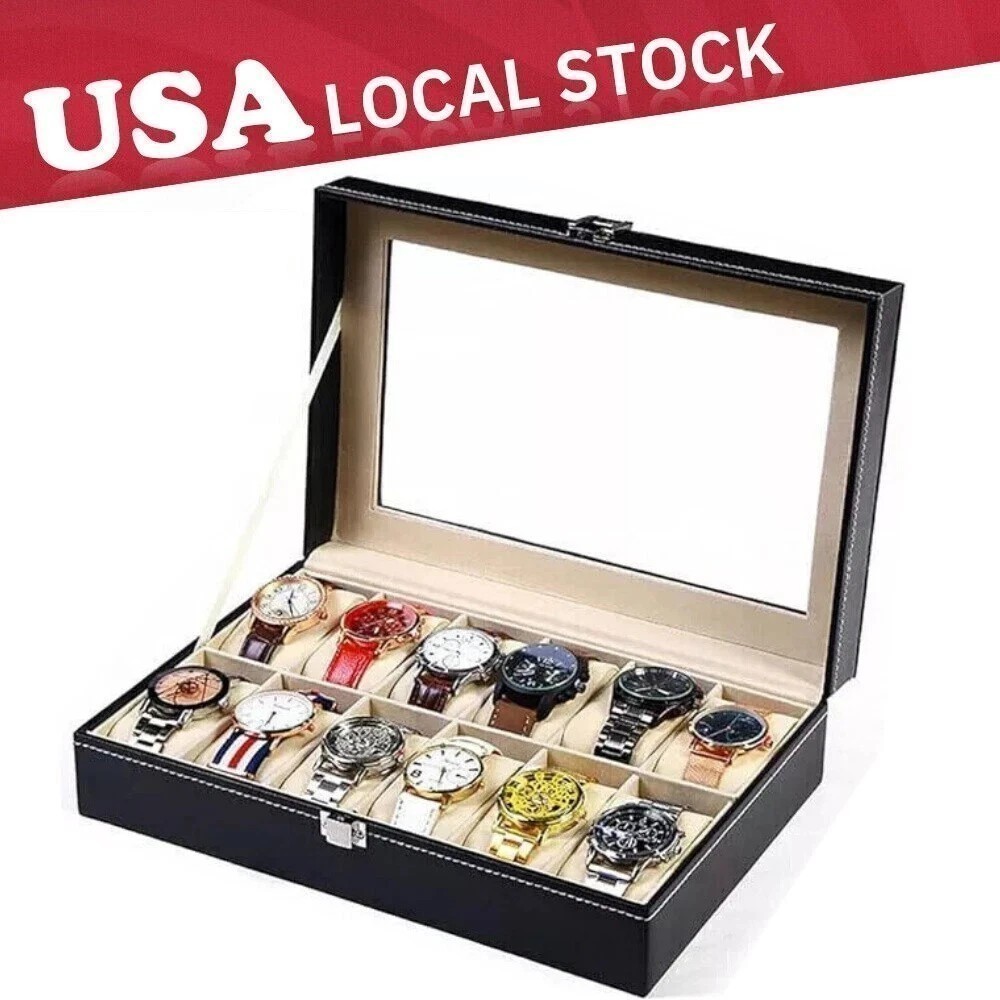 12 Slots PU Leather Wrist Watch Display Box Storage Holder Organizer Case H