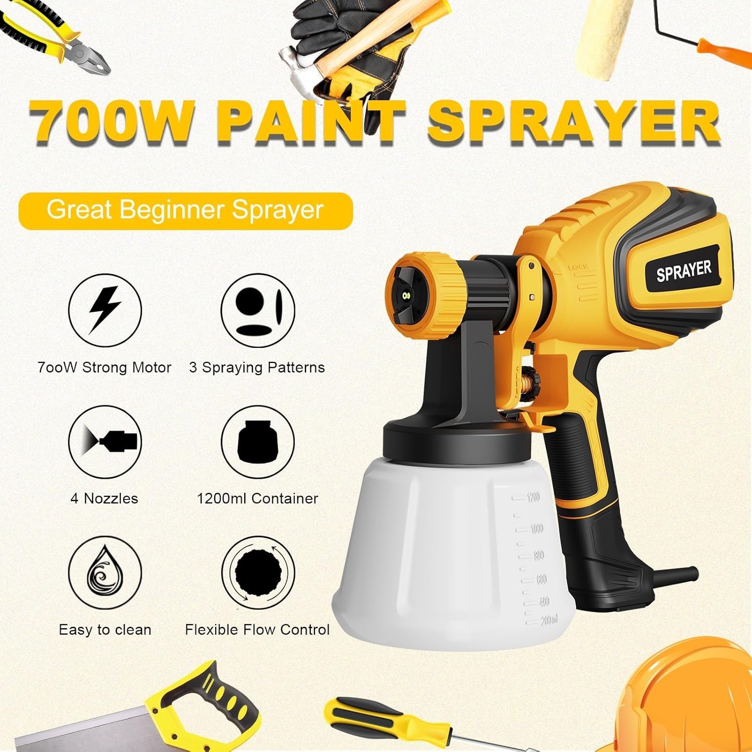 Versatile 700W Handheld Paint Sprayer with Easy Clean Function & 4 Nozzles