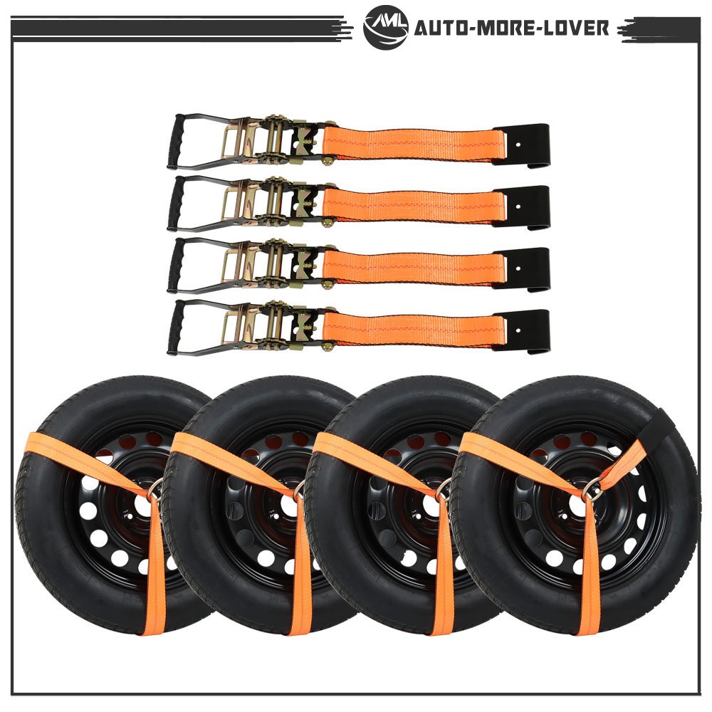 Orange Car Tie Down with Flat Hooks 2" x 96" 4 Pack 3300 Pounds Lasso Style