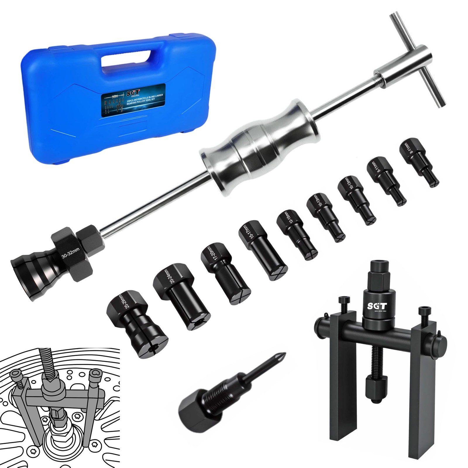 SGT 14-Piece Blind Hole Bearing Puller Set with Slide Hammer & Expandable Collet