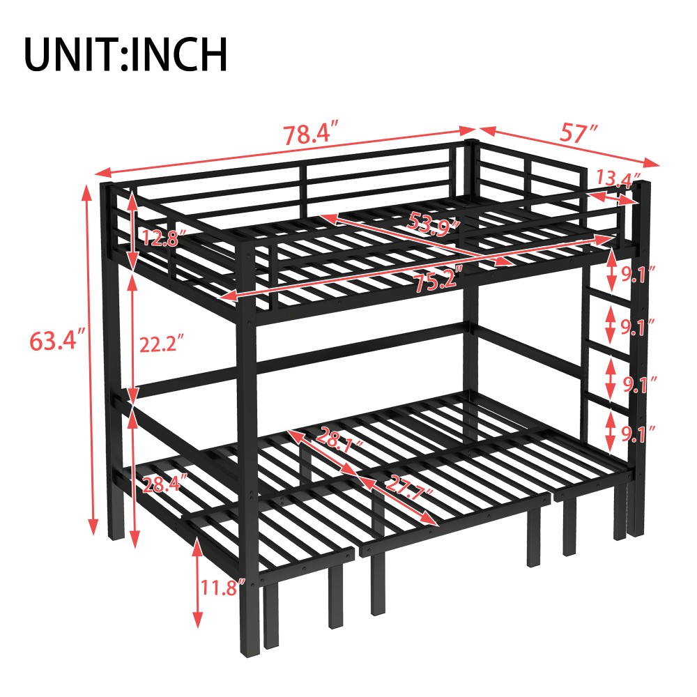 Full over Full Metal Bunk Bed - Pull-Out Lower Bunk (3 Sections) w/Safety Rails