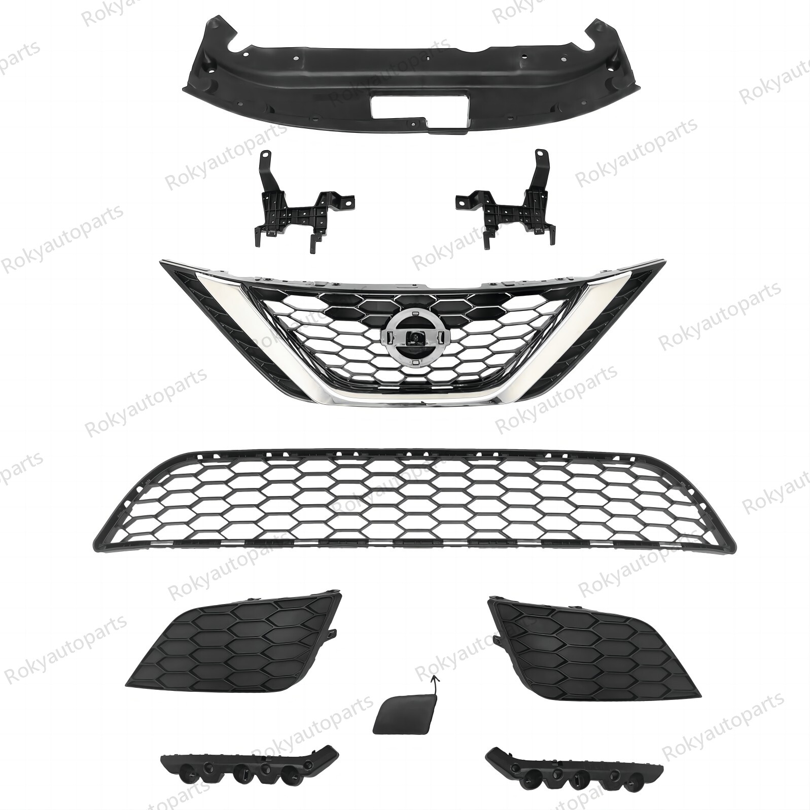 10PC For Sentra 2016-2019 Front Bumper Upper Chrome Grille Brackets Lower Mesh
