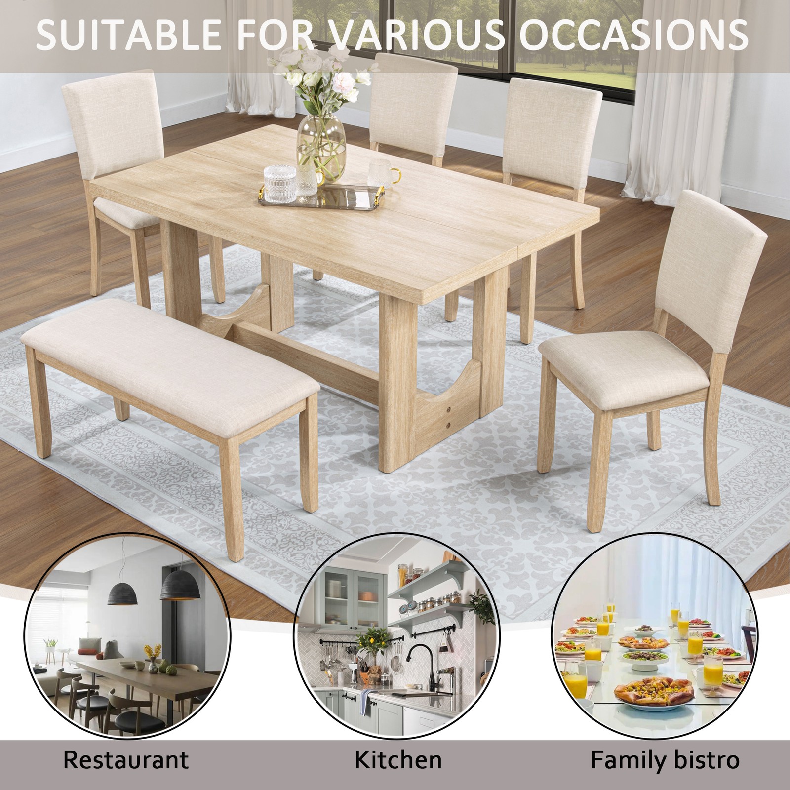 6-Piece Dining Set with Bench & Rectangular Wooden Table & 4 Upholstered Chair