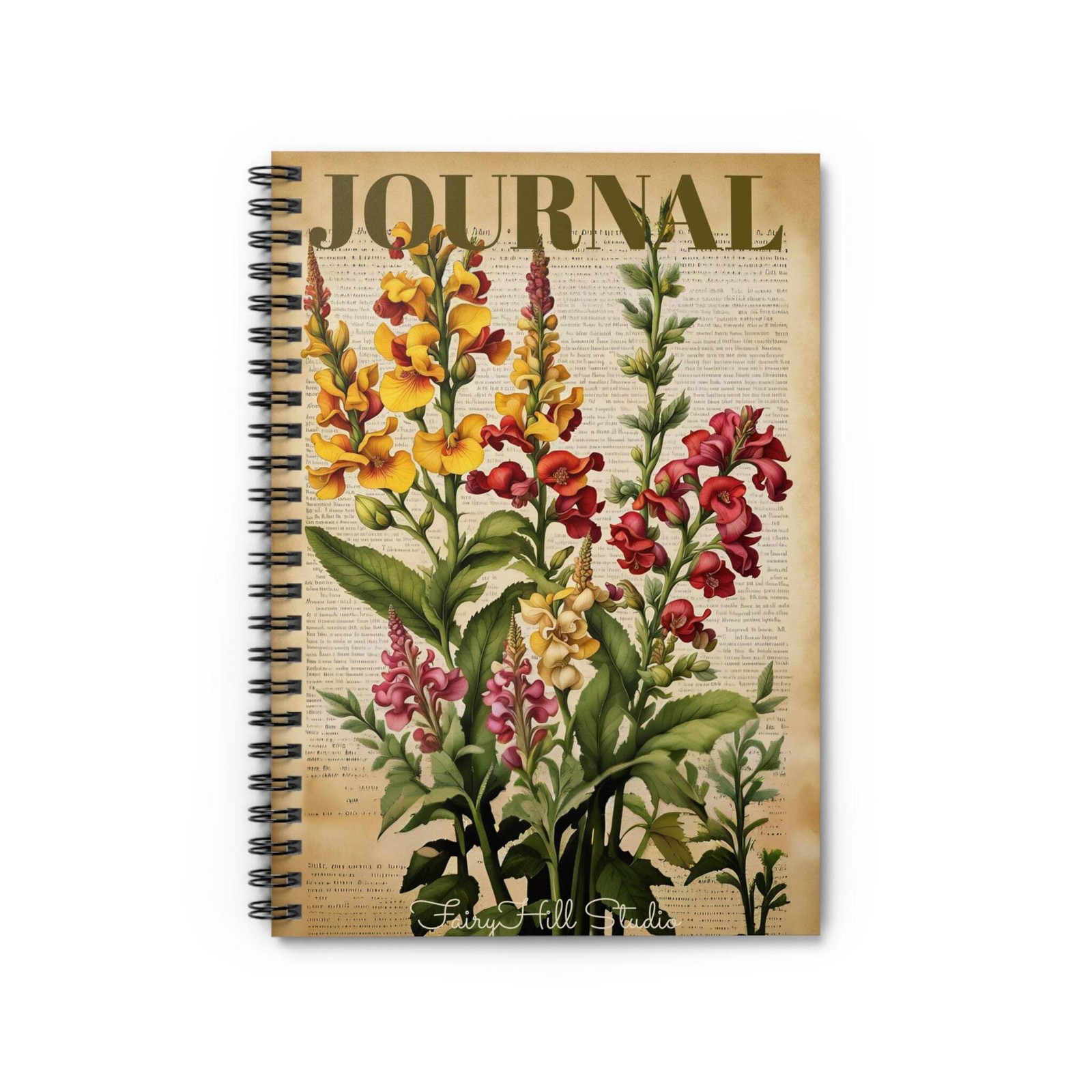 Vintage Botanical Journal - Ruled Line Spiral Notebook with Ink Illustration of