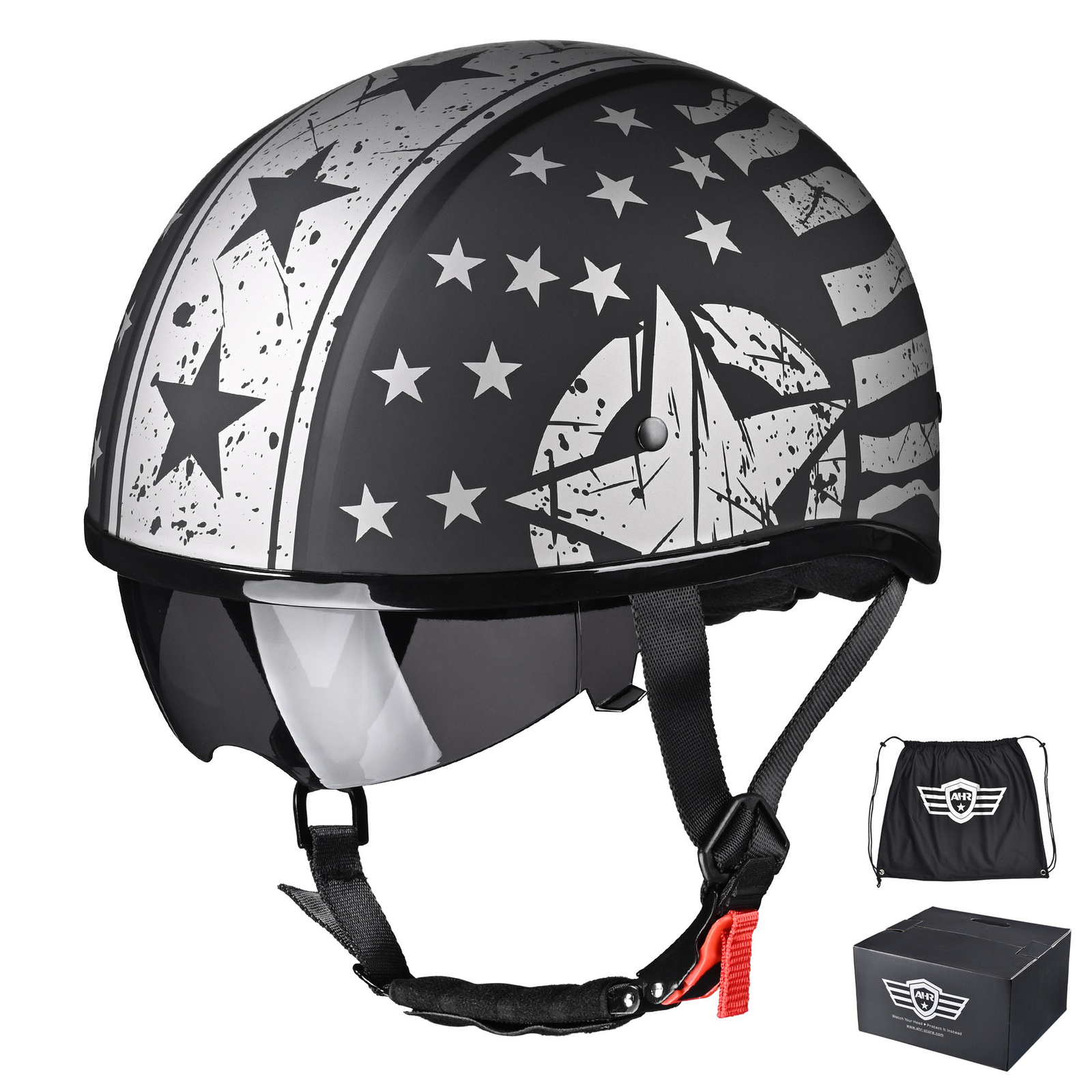 AHR Motorcycle Half Helmet Sunshield Quick Release Half Face Cruiser Scooter DOT