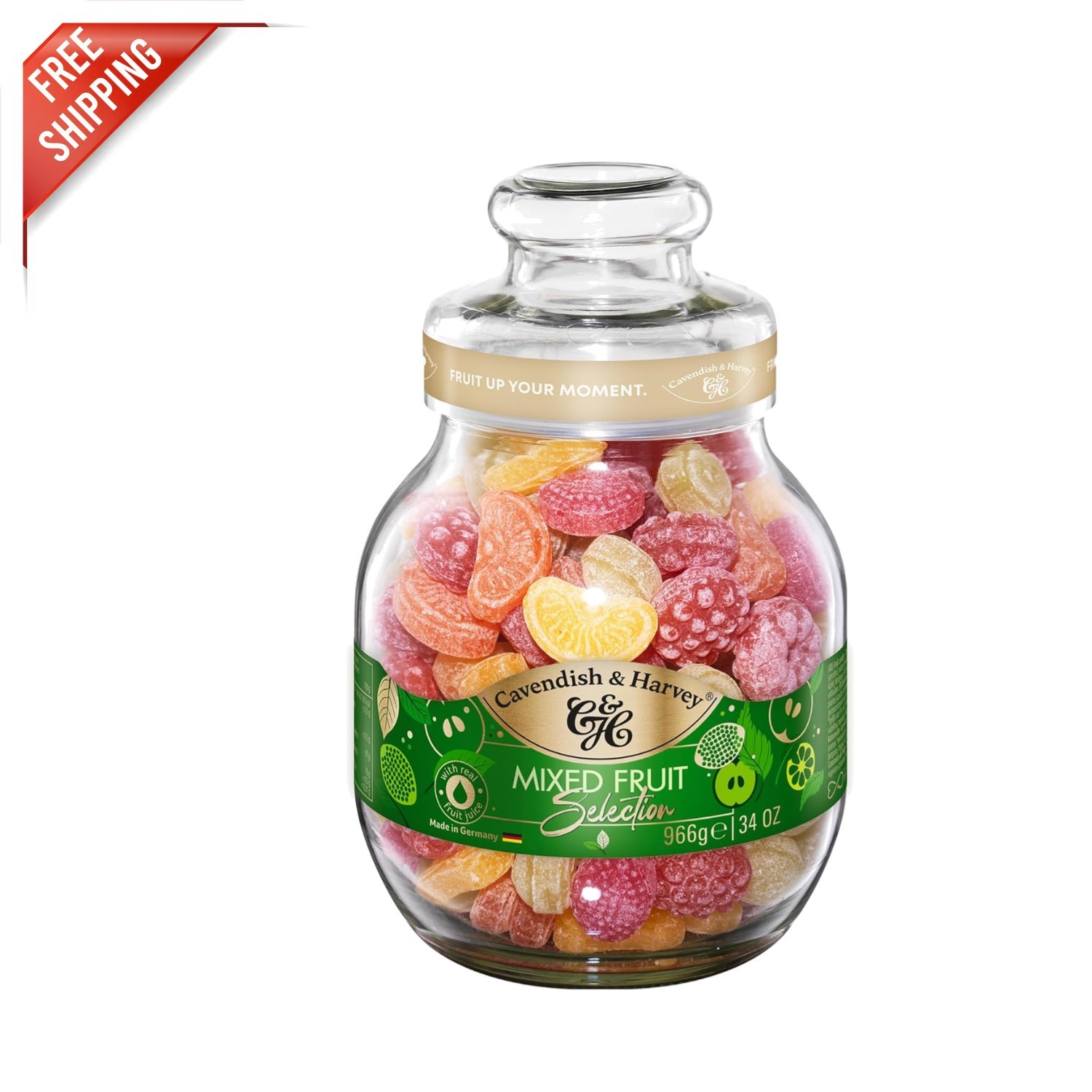 Deluxe 34 Ounce Mixed Fruit Hard Candy Drops in Elegant Jar - Natural Flavors