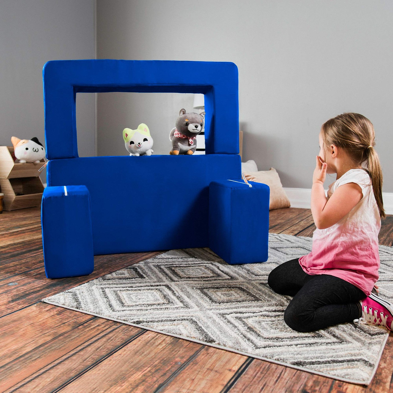 Zipline Kids Modular Loveseat & Ottomans/Fold Out Lounger, Blueberry