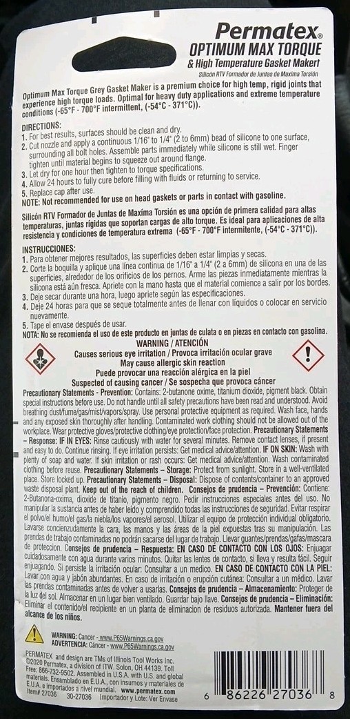 Permatex 27036 Optimum Max Torque Gasket Maker Grey - 3.35 Oz