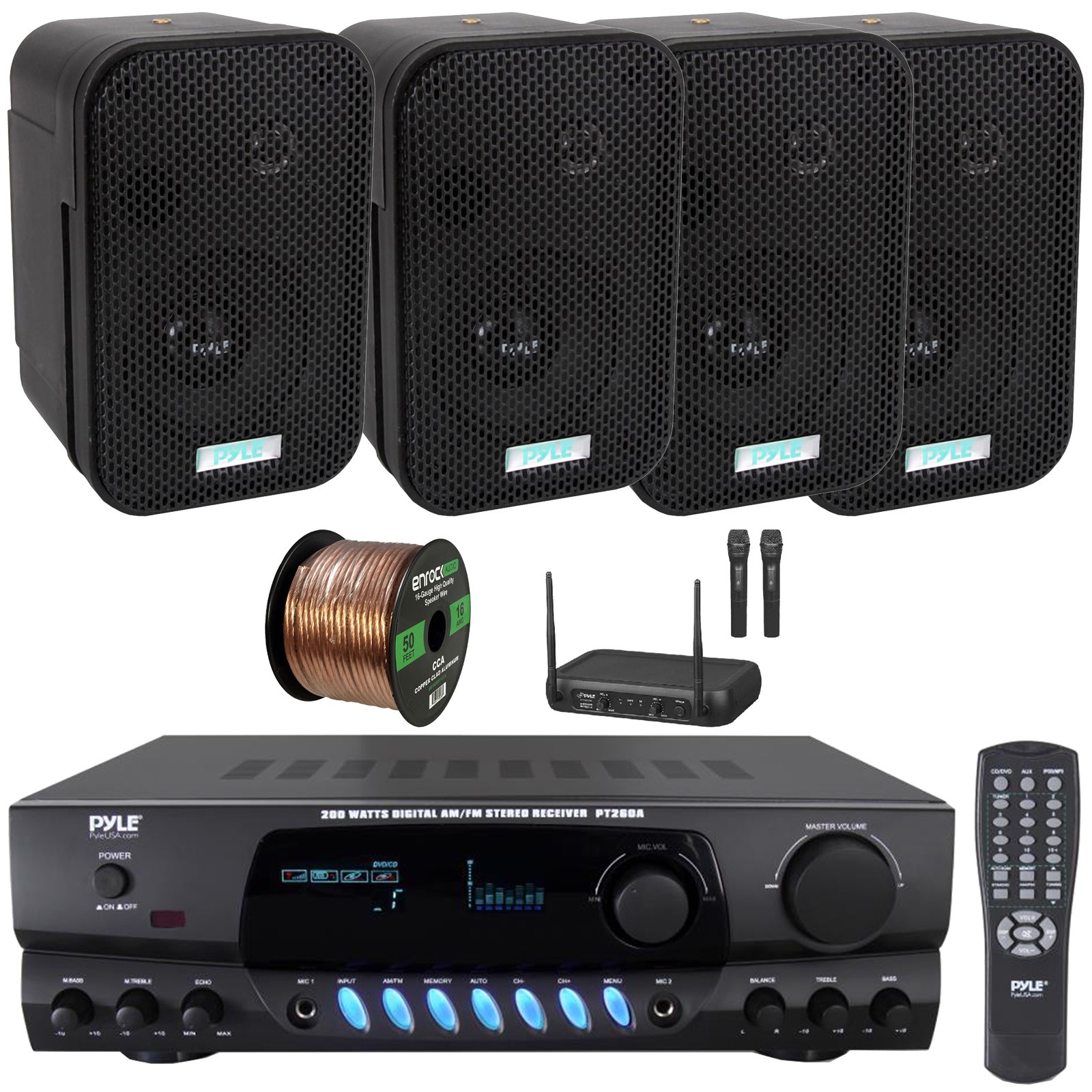 Pyle PT260A Stereo Amplifier Receiver, 4x 3.5" 300W Black Speakers, Mic System